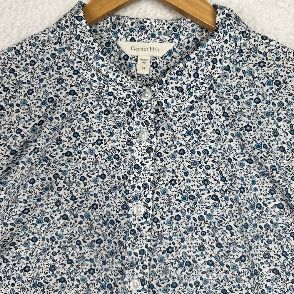 Garnet Hill Organic Pima Cotton Floral Button Front Shirt Womens Size 14 Blue - Picture 2 of 10